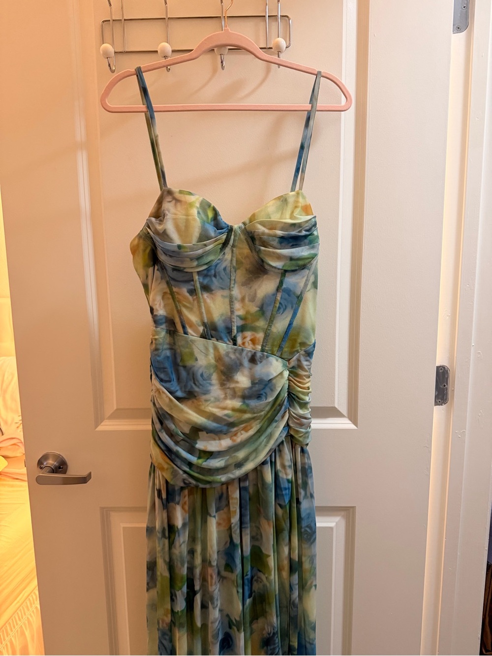 SHEIN Watercolor Floral Spaghetti-Strap Maxi Dress - Blue & Green